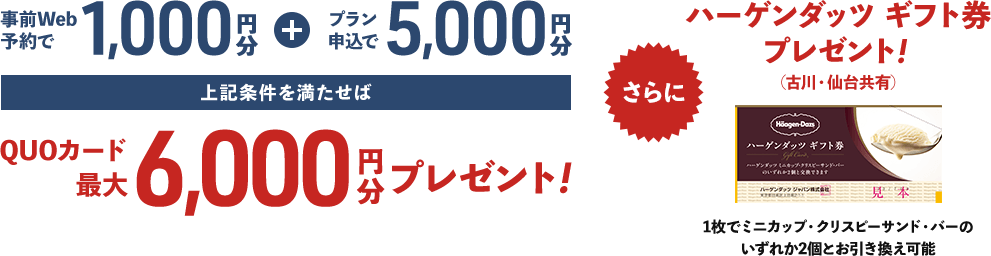 事前Web予約で1,000円分+プラン申込で5,000円上記条件を満たせばQUOカード最大6,000円分プレゼント　さらにハーゲンダッツギフト券プレゼント！1枚でミニカップ・クリスピーサンド・バーのいずれか2個とお引き換え可能